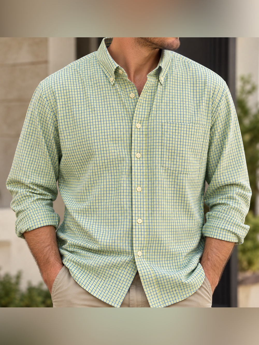 J. Crew Men's Green and Blue Check Button-Down Ling Sleeves  Shirt Large